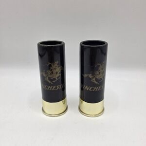 2 Winchester Shot Glasses 12 ga Shotgun Shell Black Gold Horse Rider Bar